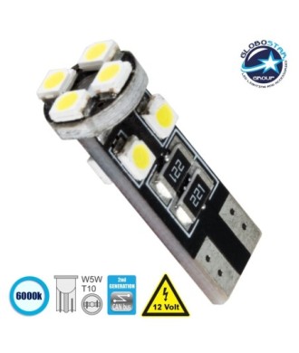 GLOBOSTAR® W5W-T10 81119 Λάμπα W5W T10 CANbus LED 2W 250lm 360° DC 12V IP20 Ψυχρό Λευκό 6000K - 8 x Epistar SMD1210 Chip - Μ1 x Π1 x Υ2.5cm - 1 Χρόνο Εγγύηση